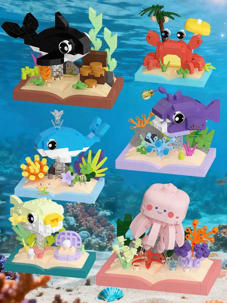 HUIQIBAO MOC Ocean Series Micro Bouwsteen Orcas Lantaarn vis Blauwe Walvissen Mini Baksteen set Speelgoed voor Kinderen Bureau Decoratie - afbeelding 2
