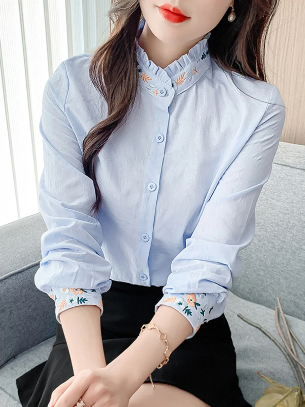 

Ele Embroidered Long Sve Pure Cotton irt Stand Collar Women's Faion Early Autumn New Sle Slimming Versatile Top