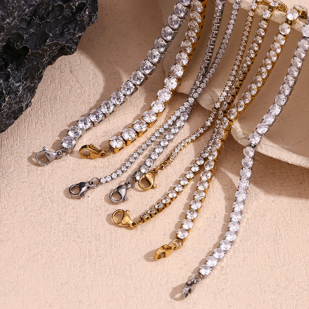 E.B.belle Popular Shiny Zircon Gold Silver Color Stainless Steel Different Width Tennis Bracelet Waterproof Jewelry For Woman