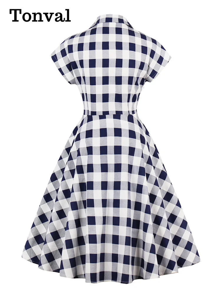 Tonval Blue and White Gingham Vintage 50s Pinup Dresses for Women Summer Big Pockets Cotton Elegant Plaid Midi Dress