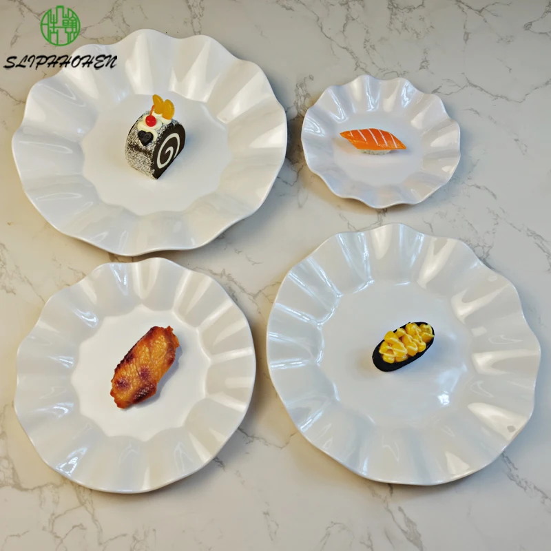 

6.3/8/9/10 Inch White Round Lotus Leaf Lace Plate 100% Melamine Imitation Porcelain Dinnerware Dinner Dish Restaurant Tableware