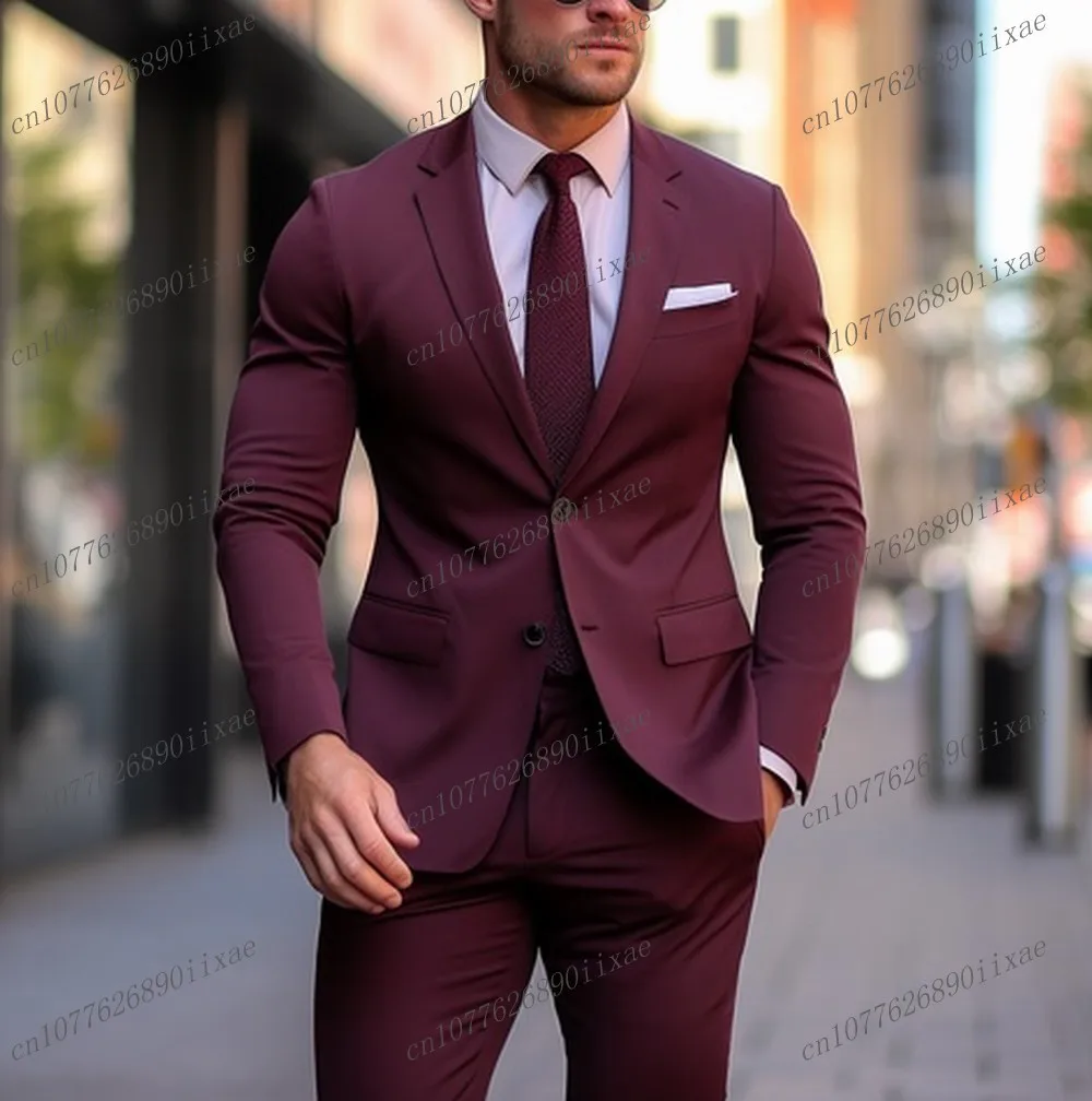 

New Burgundy Formal Occasion Men Suit Groom Groomsman Wedding Party Prom Business Male Tuxedos 2 Piece Set Blazer Pants