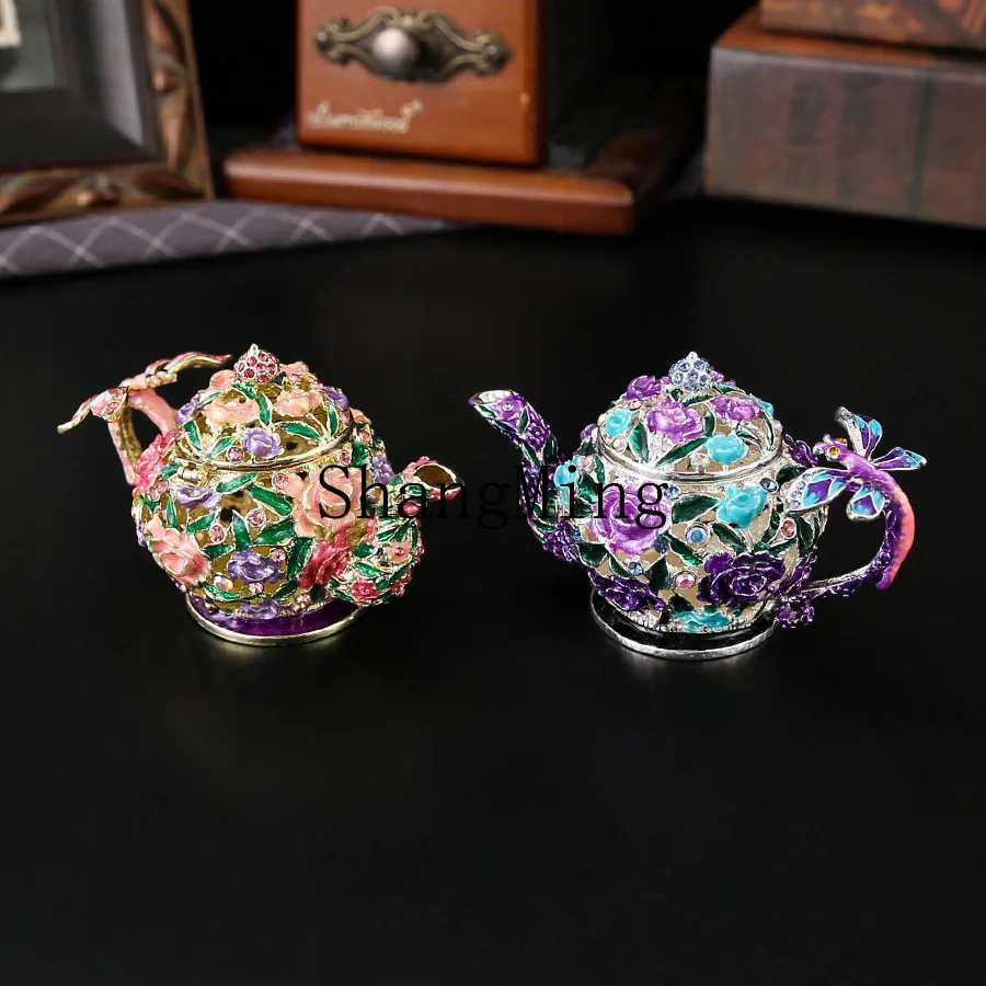 

CL Teapot Jewelry Box Enamel Color Metal Crafts Storage Jewelry Box Anti-Dust Flap Storage Box Household Ornaments
