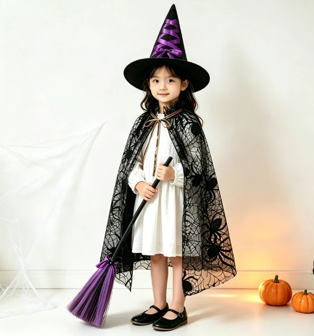 Mesh Cloak Witch Hat Broom 3Pcs Set Halloween Kids Masquerade Party Stage Dress Up Light Adjustable Festival Outfit Accessories