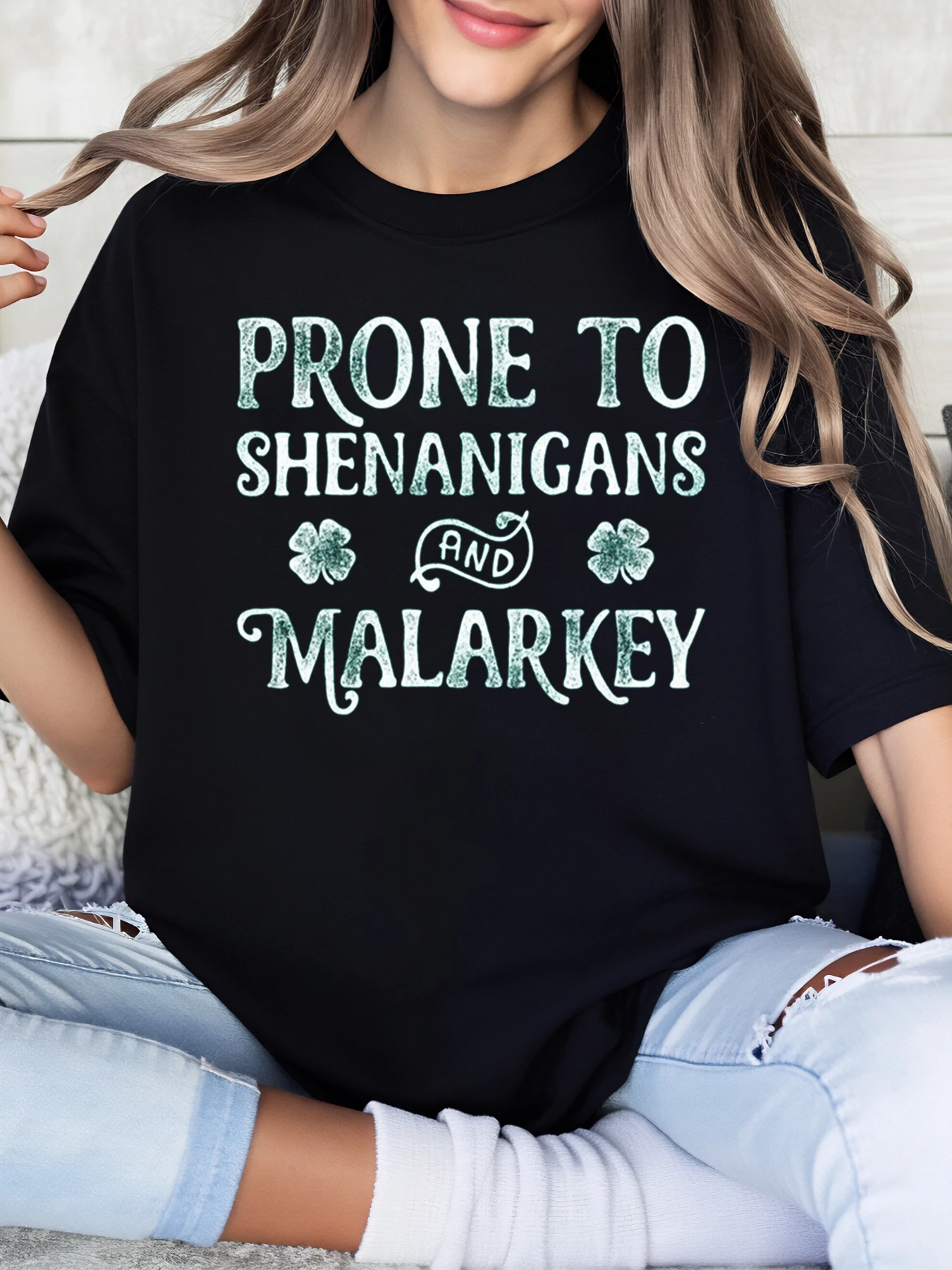 Shenanigans e Malarkey Estampado Camiseta do Dia de São Patrício Roupa casual feminina Roupa de festa preta plus size