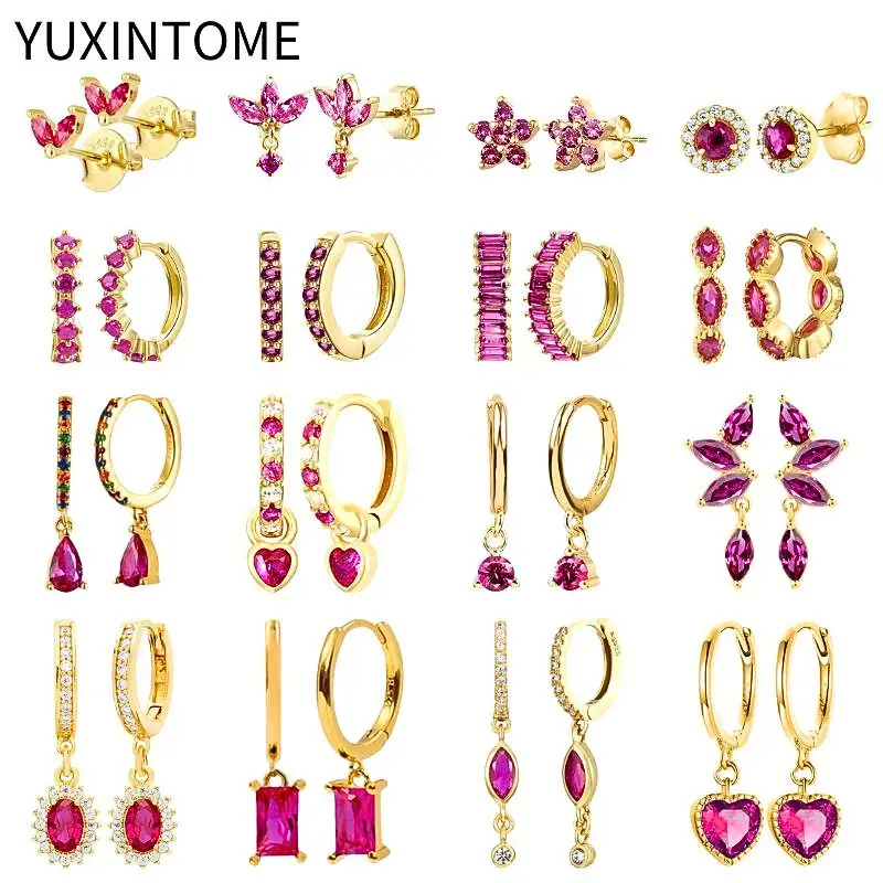 925 Silver Ear Needle Rose Red Hoop Earrings For Women Exquisite Water Drop/Flower/Heart Crystal Piercing Huggie Earring Jewelry