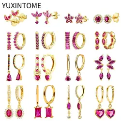 925 Silver Ear Needle Rose Red Hoop Earrings For Women Exquisite Water Drop/Flower/Heart Crystal Piercing Huggie Earring Jewelry