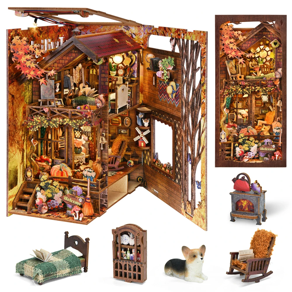 DIY Book Nook Kit Thanksgiving 3D Wooden Puzzle Home Decoration For Bookshelf Miniature Insert Magic Book House Stand Bookshelf