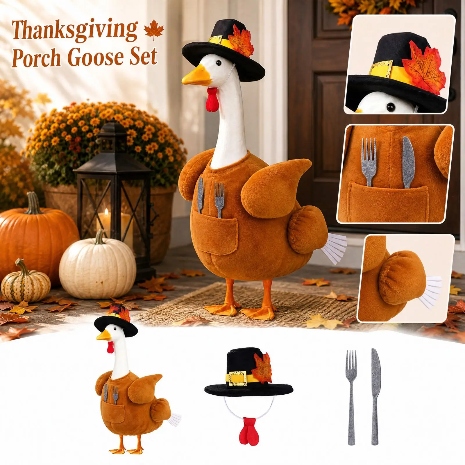 Porch Goose Thanksgiving Turkey Costume Set With Tableware Accessory for 23-Inch Lawn Goose Statue Outfit for Yard Holiday Decor