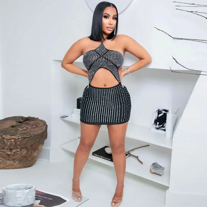 GUWU Hot Rhinestones Cut Out Halter Backless Sleeveless Bodycon Mini Dress  Sexy Party Club Diamonds Women Dresses