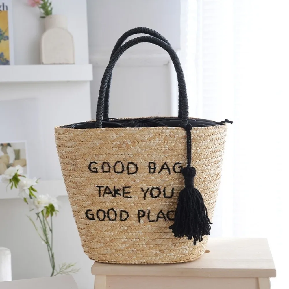 

New Handmade Grass Woven Tote Bag Solid Color Straw Woven Embroidery Handbag Large Capacity Hollow Beach Shoulder Bag Casual