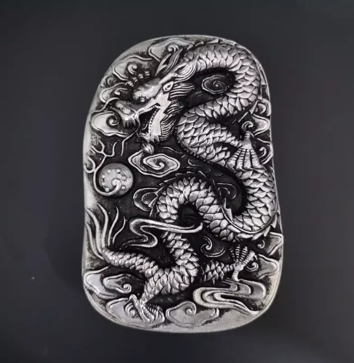 Ancient White Copper Platform Embossed Single Dragon Bead Cover Grinding Calligraphy Painting Ink Inkstone