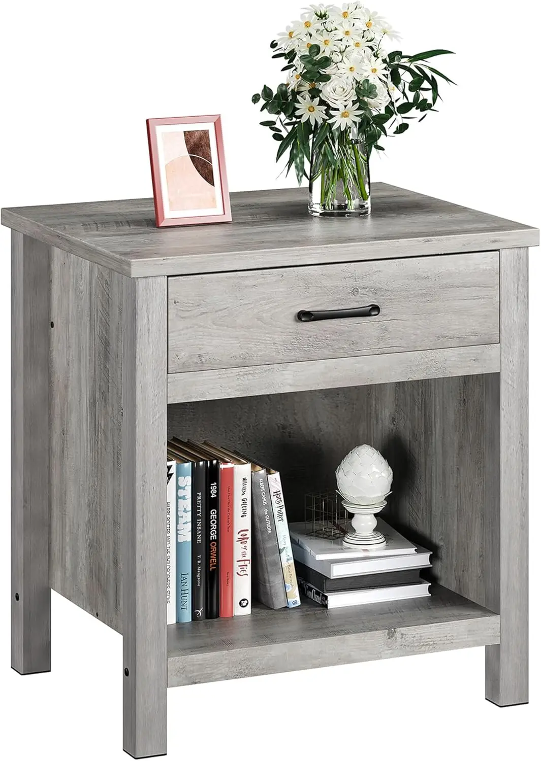 Grey Farmhouse Nightstand, Modern End Table w/Storage Drawer, Wood Night Stand Side Table for Bedroom Living Room Nursery Office