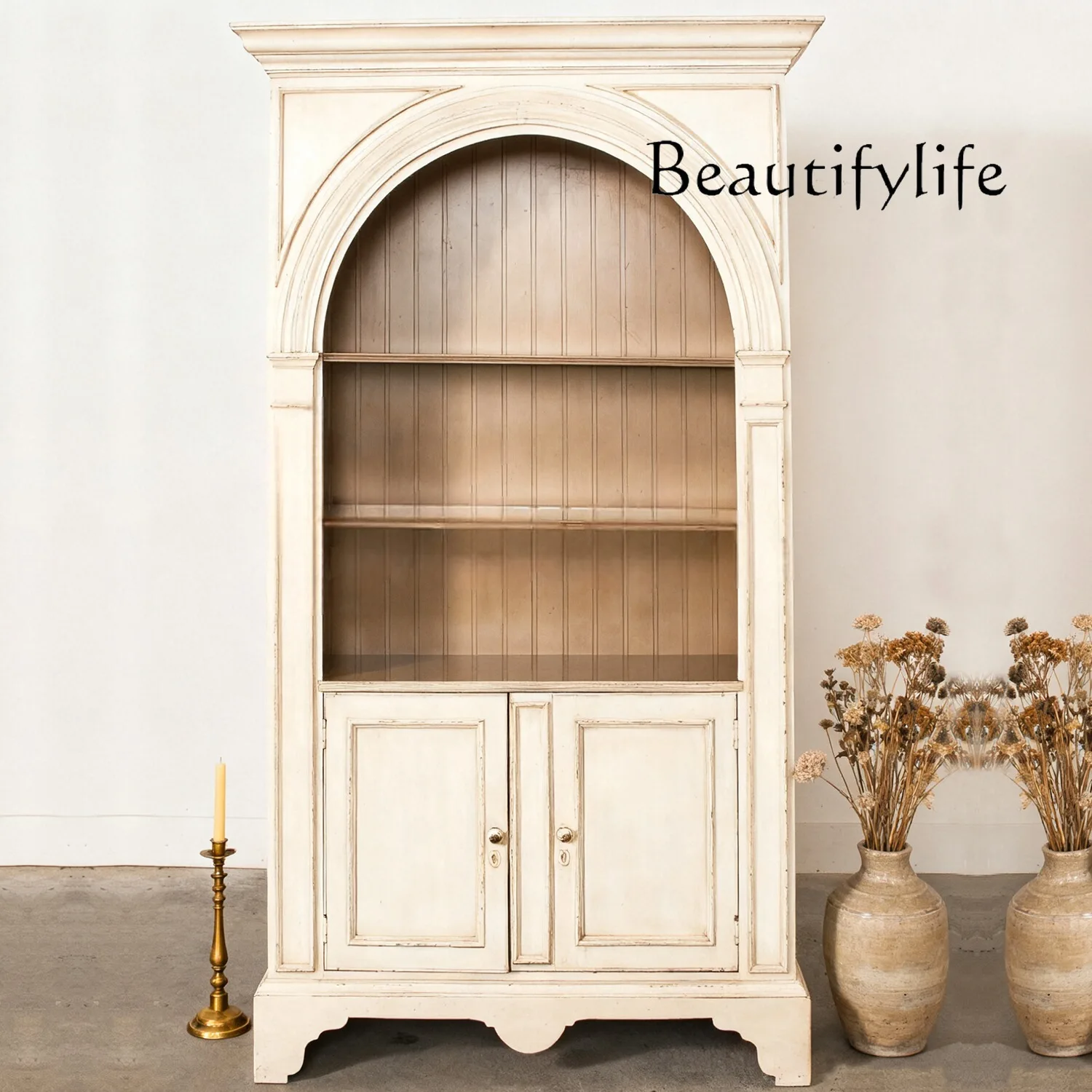 

French country solid wood bookcase study independent bookcase American old home living room arched display