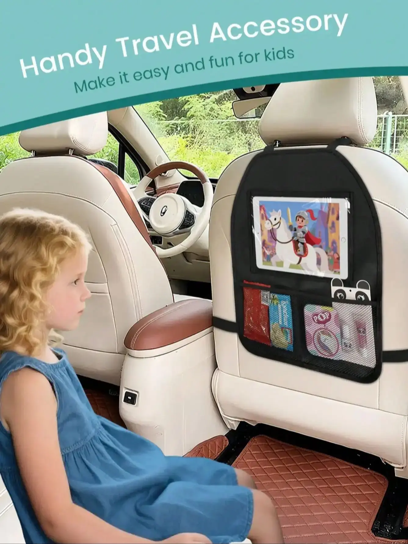 Organisateur de siège arrière de voiture 600D avec support pour tablette tactile de 11 pouces, 2 poches de rangement, protections de dossier de siège, tapis anti-bottes