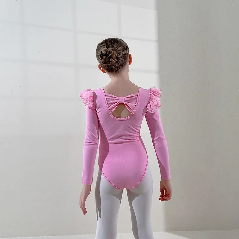 New Ballet Dancewear Girl Cute Tutu Dress Long Sleeve Leotard Ruffle Neck Swan Lake Party Costumes Ballerinas Front Lined Pink