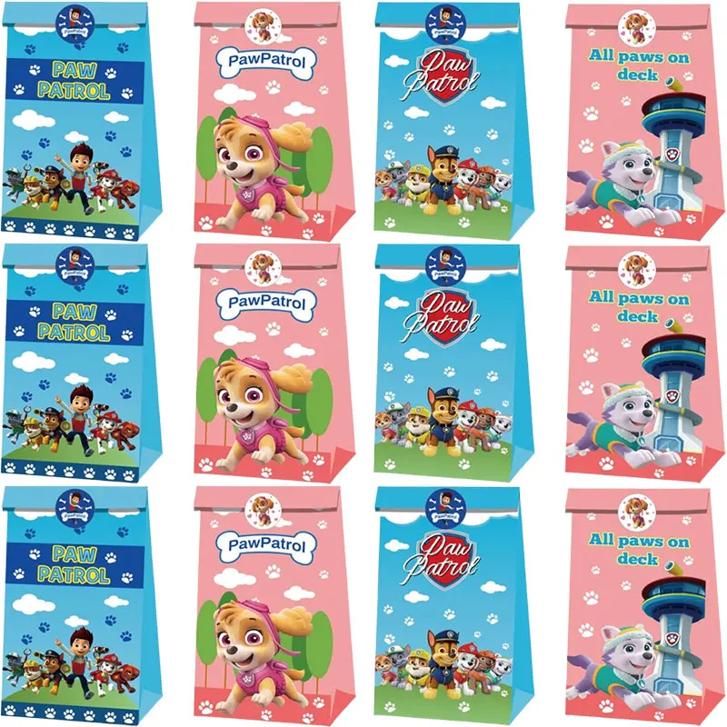 

12pcs Paw Patrol Themed Party Favors Candy Bags with Stickers Party Kraft Paper Gift Bags Baby Shower Kids Birthday Party Decor