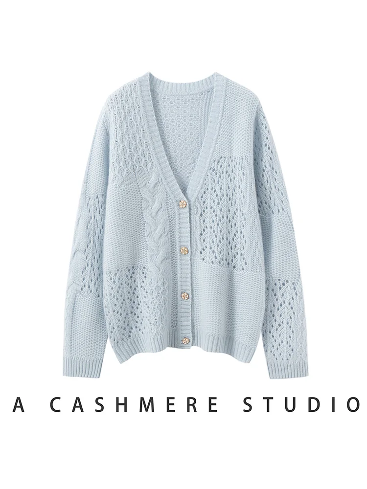 CHICUU ผู้หญิงเสื้อคาร์ดิแกนคอวี 100%แคชเมียร์ถักเสื้อกันหนาวการออกแบบกลวงสายถักเสื้อคาร์ดิแกนฤดูใบไม้ร่วงฤดูหนาวใหม่แฟชั่นท็อปส์ซู