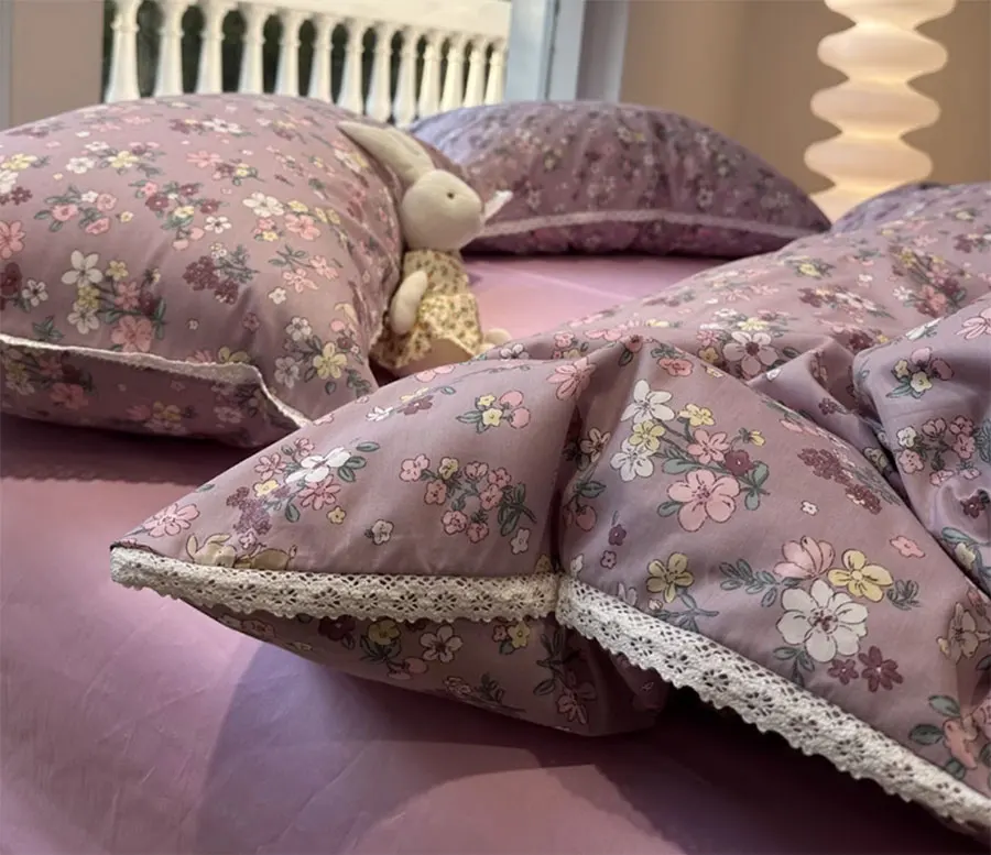 Romantic purple floral lace bedding set,twin full queen king sweet flower cotton home textile bed sheet pillow case quilt cover