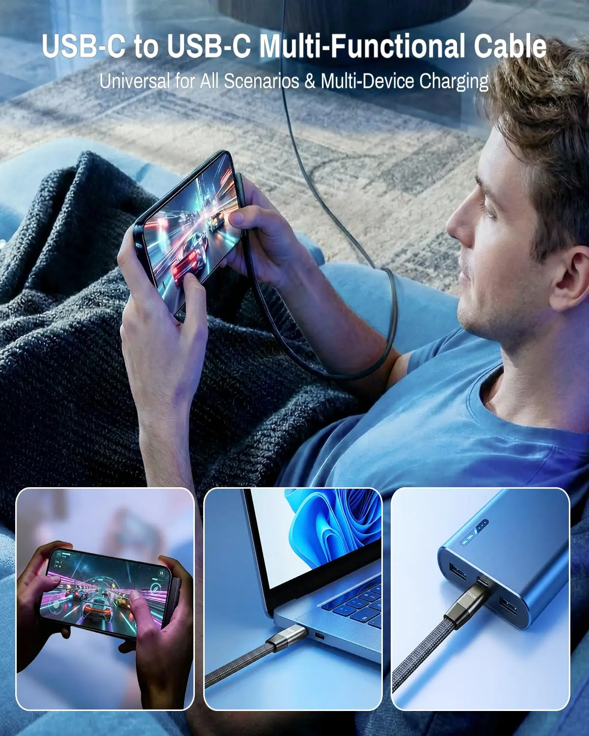 Paquete de 2 Cables de Carga Ultra Rápida USB C a USB C de 5 pies y 240 W con Soporte Invisible, Cargador Plano para Teléfono, Enchufe en Ángulo Recto de 90 Grados