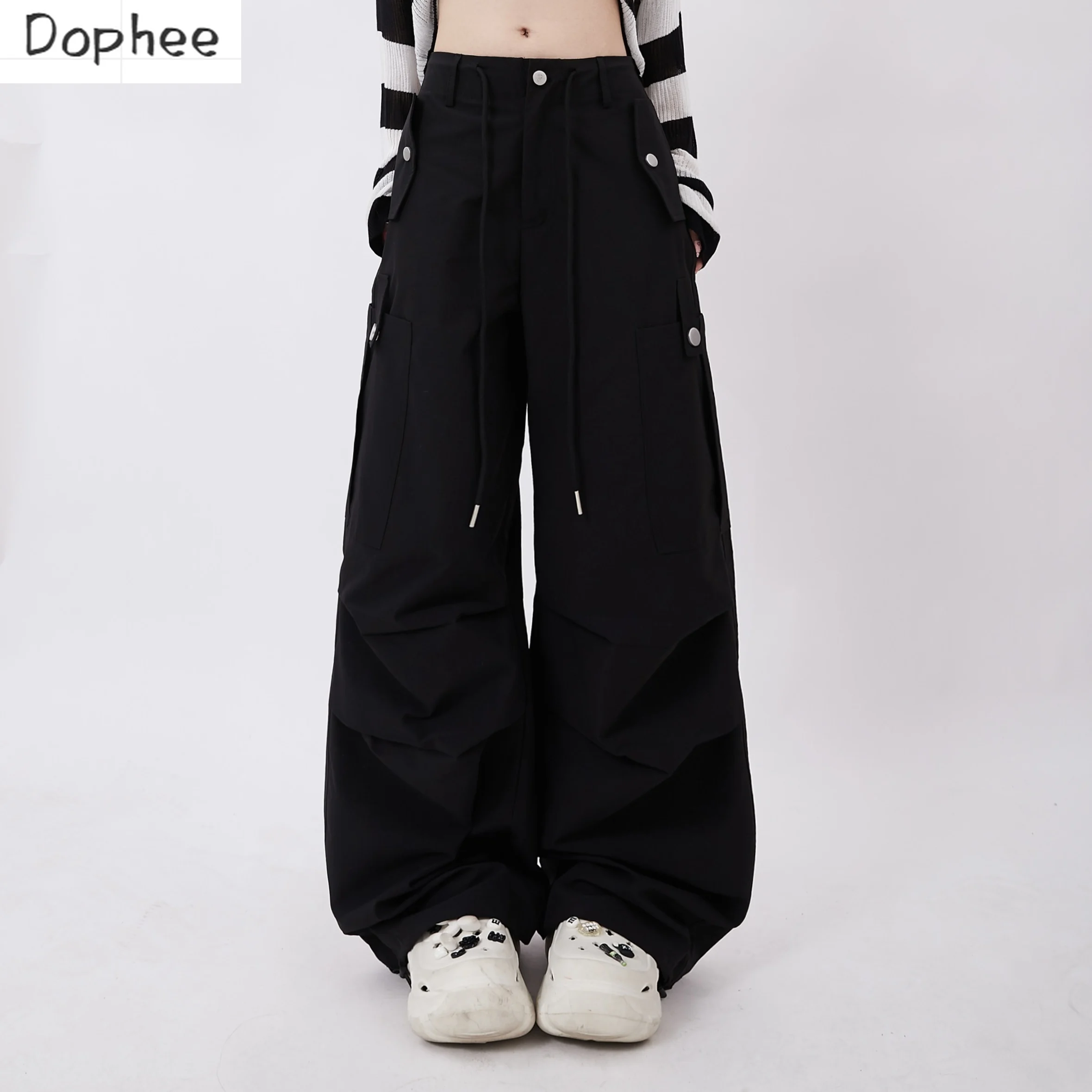 Dophee Autumn Women's Overalls American Style Dopamine Multi Pockets Cargo Pants Drawstring High Waist Straight Trousers Black