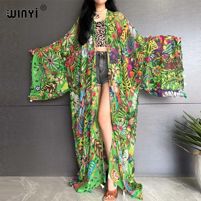 WINYI new summer Kimono Women Retro bohemian print Cardigan Female Blouse Loose Casual beach Cover Up party kuwait kaftan