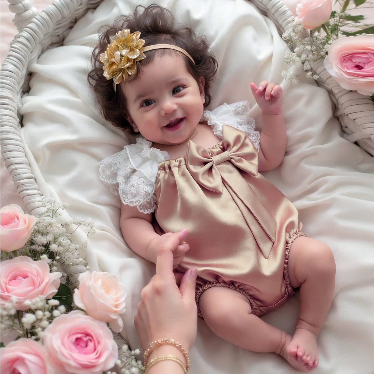 2PCS Newborn Girl Photography Outfit with Headband Golden Bowknot Romper for Photo Shooting Infant Photo Props