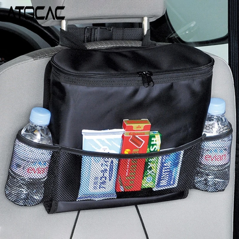 حقيبة تعليق خلفية لمقعد السيارة، منظم حراري معزول مع جيوب شبكية، موزع مناديل ورقية، تخزين عالمي للسفر في السيارة #2