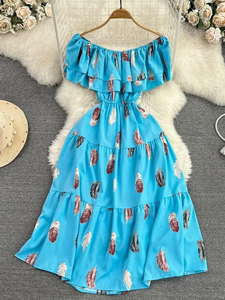 ジェントルブリーズ ワンショルダー 肩露出ヘムライン 痩身 Aライン プリント ドレス ビーチ バケーション マキシスカート 韓国風 半袖