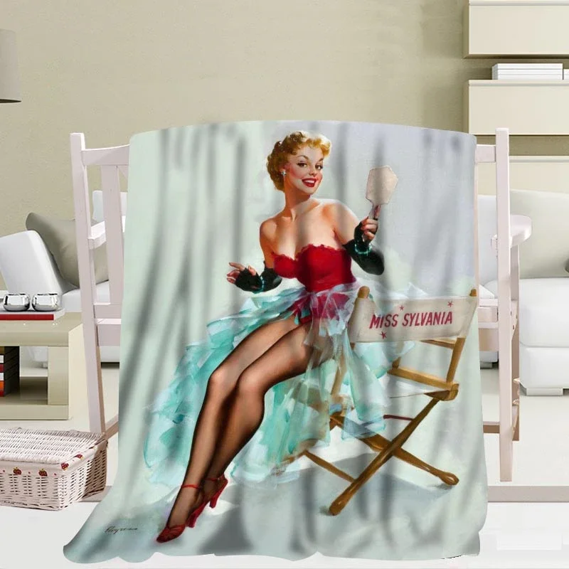 Pin Up America Retro Sexy Girl Blanket Queen Size Full Size Sofa Couch Bed Flannel Throw Blanket,girls Women Adult Warm Blankets