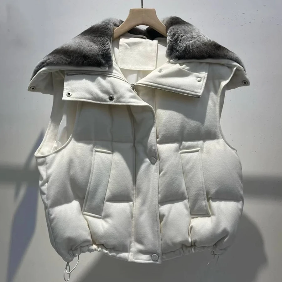 Bijgesneden pufferjack dames korte ganzendons jas wol kasjmier puffervest dames winter bovenkleding