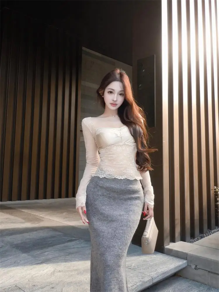 

Slimming Lace Shirt Backless Sexy Girl Pure Desire Style Long Sleeve Commute Korean Version Fashionable Design Sensual Top