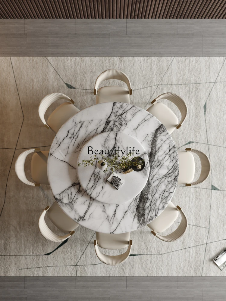 

02 Natural fragrant snow plum marble round dining table with turntable Italian light luxury high-end round luxury stone table