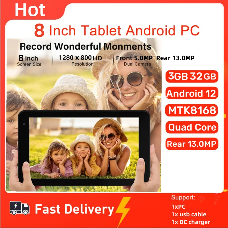 

8 INCH Android 12 RAM 3GB+32GB ROM QP80 MTK8168 Tablet Quad Core IPS Screen Quad Core Rear 13.0MP WIFI Dual Camera