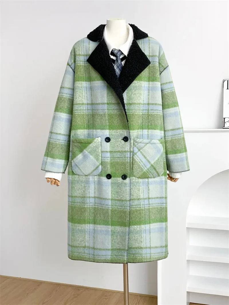 Grid Double-Sided Woolen Coat 2024 Spring and Autumn New Loose Versatile Small Height High-end Feeling Korean Long Woolen Coat