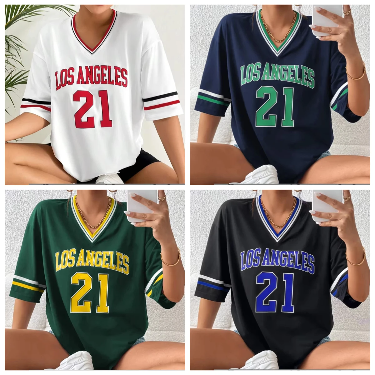 

LOSANGELES 21 Pajamas T-Shirt Women Summer Oversized V-neck Tee Harajuku Trend Short Sleeve Female Streetwear Womens Tops Y2K