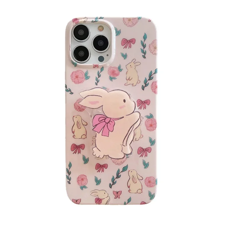 Słodki różowy króliczek muszka Kwiat bracket kreskówka Etui na telefon do iPhone'a 16 15 14 13 11 12 Pro Max Xr 14 Plus etui Cute Soft Cover