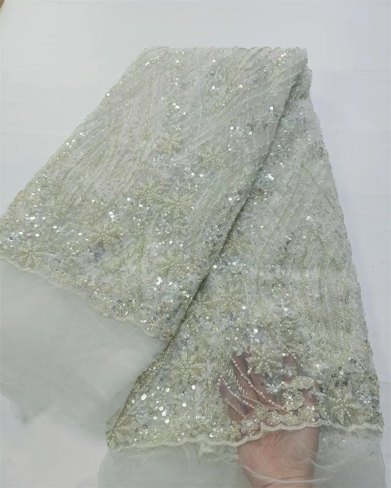 

France High-End Luxury Elegant Handmade Beaded Lace Fabric Nigerian With Sequins Mesh Lace Fabric For Wedding Dress
