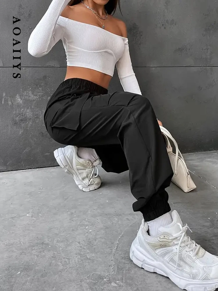 

НОВЫЕ черные брюки Aoaiiys, женские брюки с эластичной резинкой на талии и карманами, простая классическая весна-лето, новая уличная одежда, модная одежда в стиле хип-хоп, Sweatpa