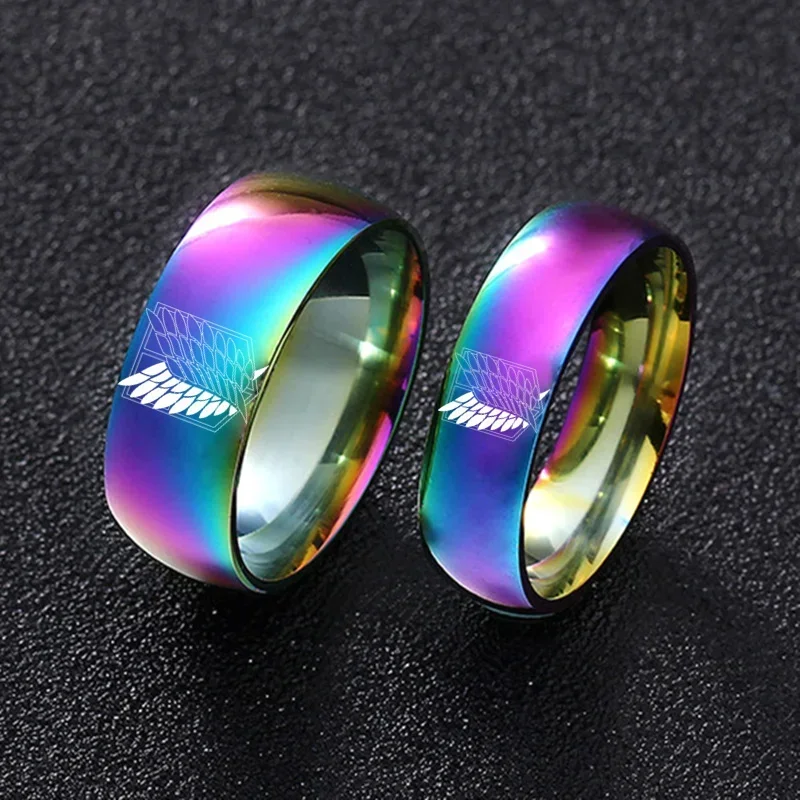 Anillo de acero inoxidable colorido de ataque a los Titanes de 8mm, alas de la bandera de la libertad, anillos de pareja para hombres y mujeres, joyería para fanáticos del Anime