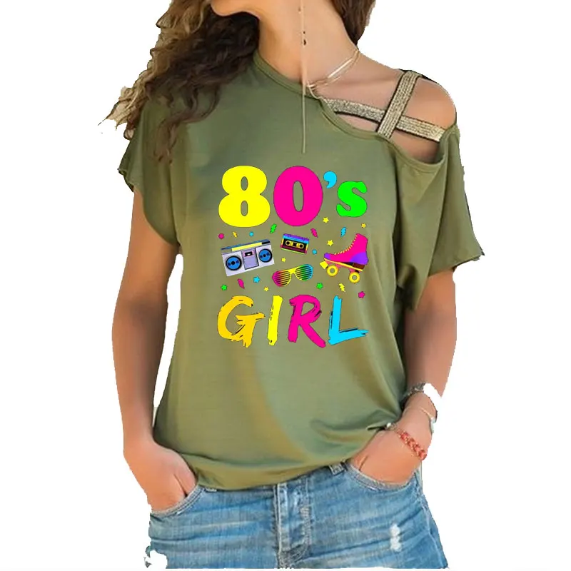 Irregular Skew Cross Bandage Tops Crew Neck Medium Stretch Graphic Shirt Girl Retro Radio and Roller Skates Print T-Shirt Casual