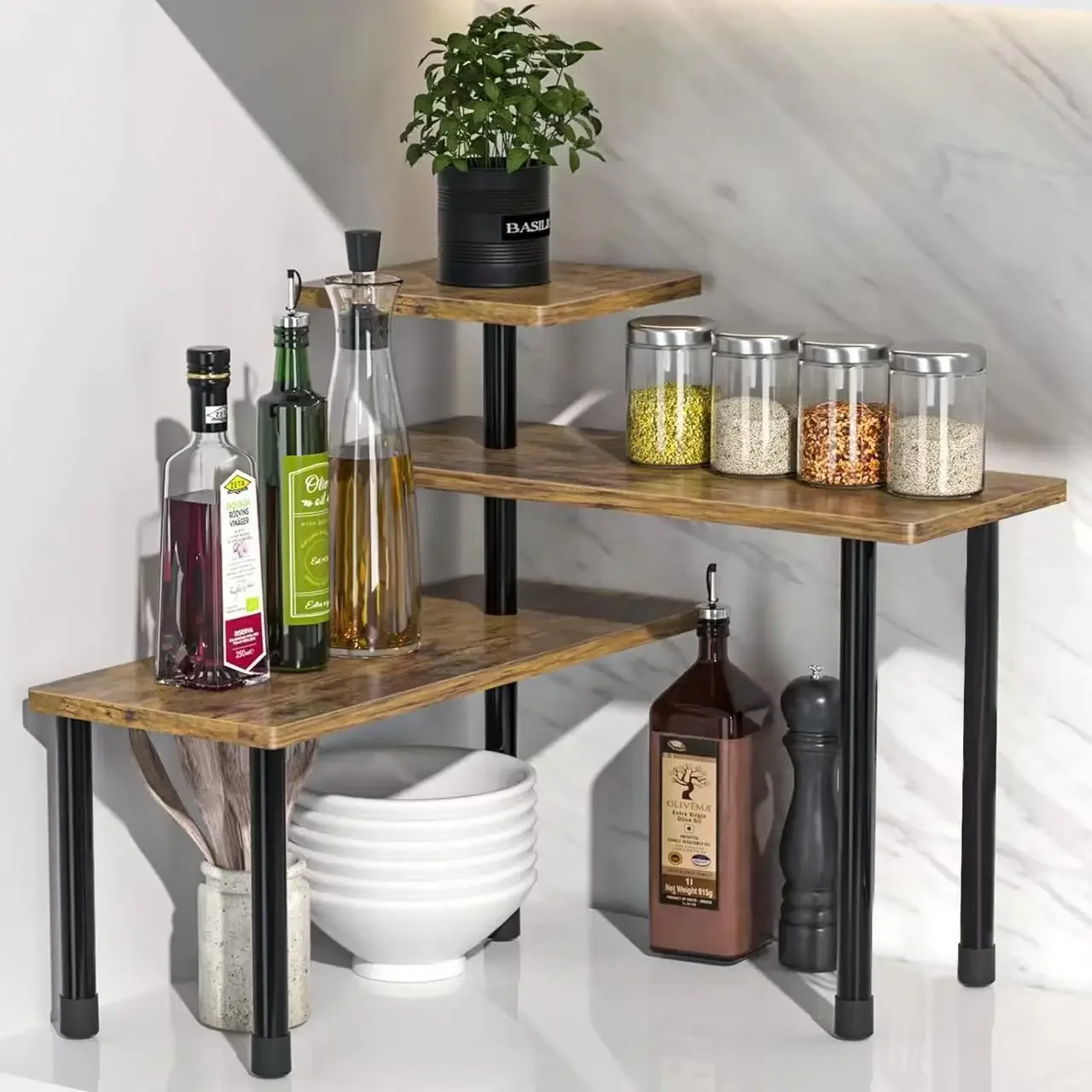 

Countertop Organizer Organization 3 Tier Moveable Corner Shelf for Kitchen Bathroom Spice Rack Coffee Area Over Sink Dresser