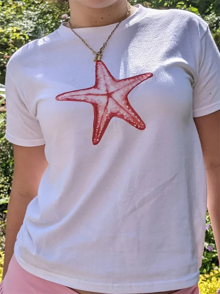 Women Summer Slim Cropped Tees Tops Floral/Star Print Short Sleeve Round-Neck Show Navel T-Shirts Streetwear 2025 New
