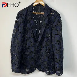 PFHQ Men's Contrast Color Blazer Embroidery Hollowed Out Fashion Personalized Heavy Industry Single Breasted Coat Summer 21Z4546