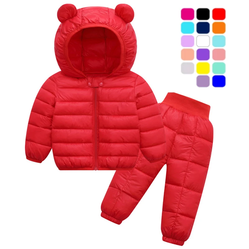 

Winter New Lightweight Hooded Long Sleeved Boys And Girls' Pure Color Lovely Warm Down Jacket Two-Piece Set