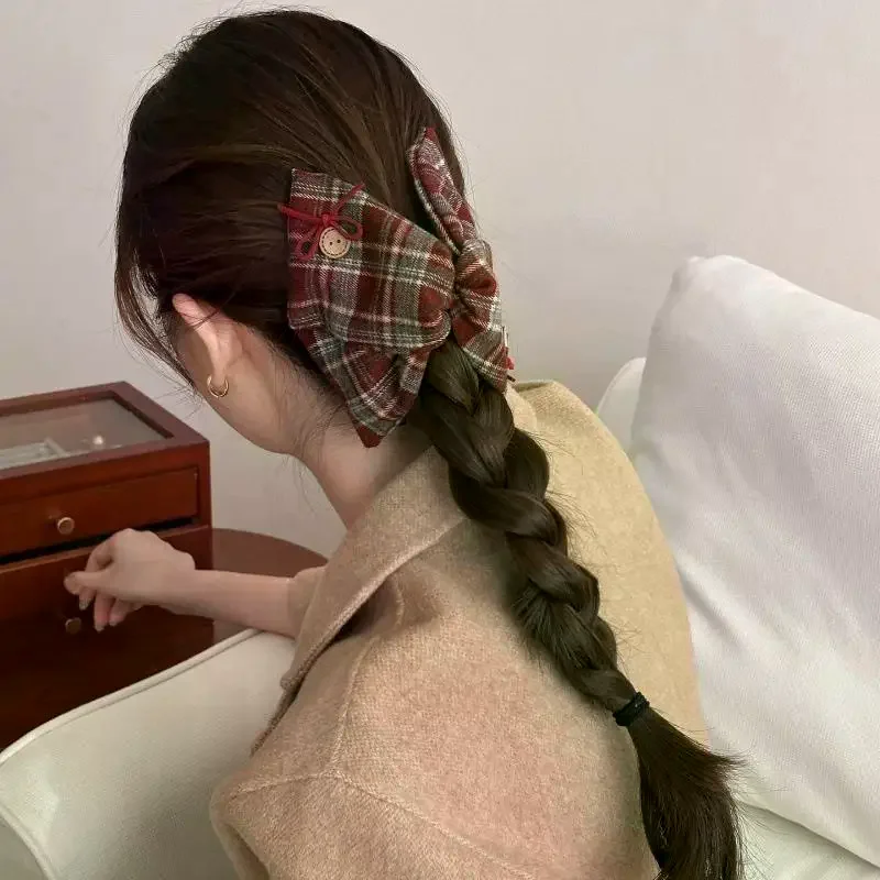 Large Bow Plaid Hair Clip Korean Style Vintage Hairpin for Women Fashion Accessory for Office and Special Occasions