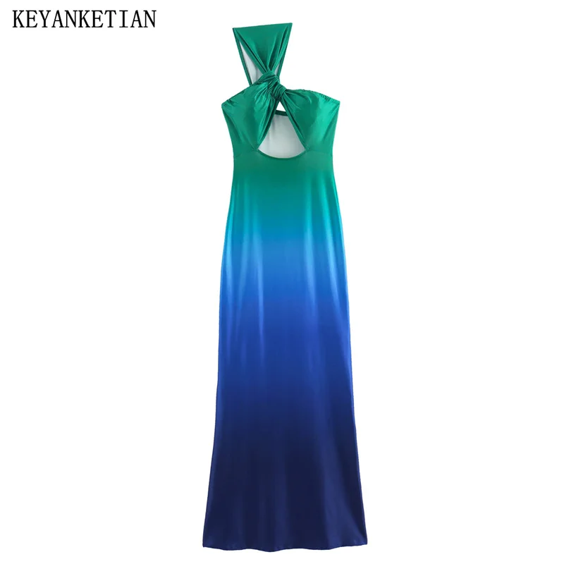 

KEYANKETIAN 2024 New Launch Women Blue-Green Gradient One-Shoulder MIDI Dress Fashion Sexy Hollow out Sleeveless Halter Dresses