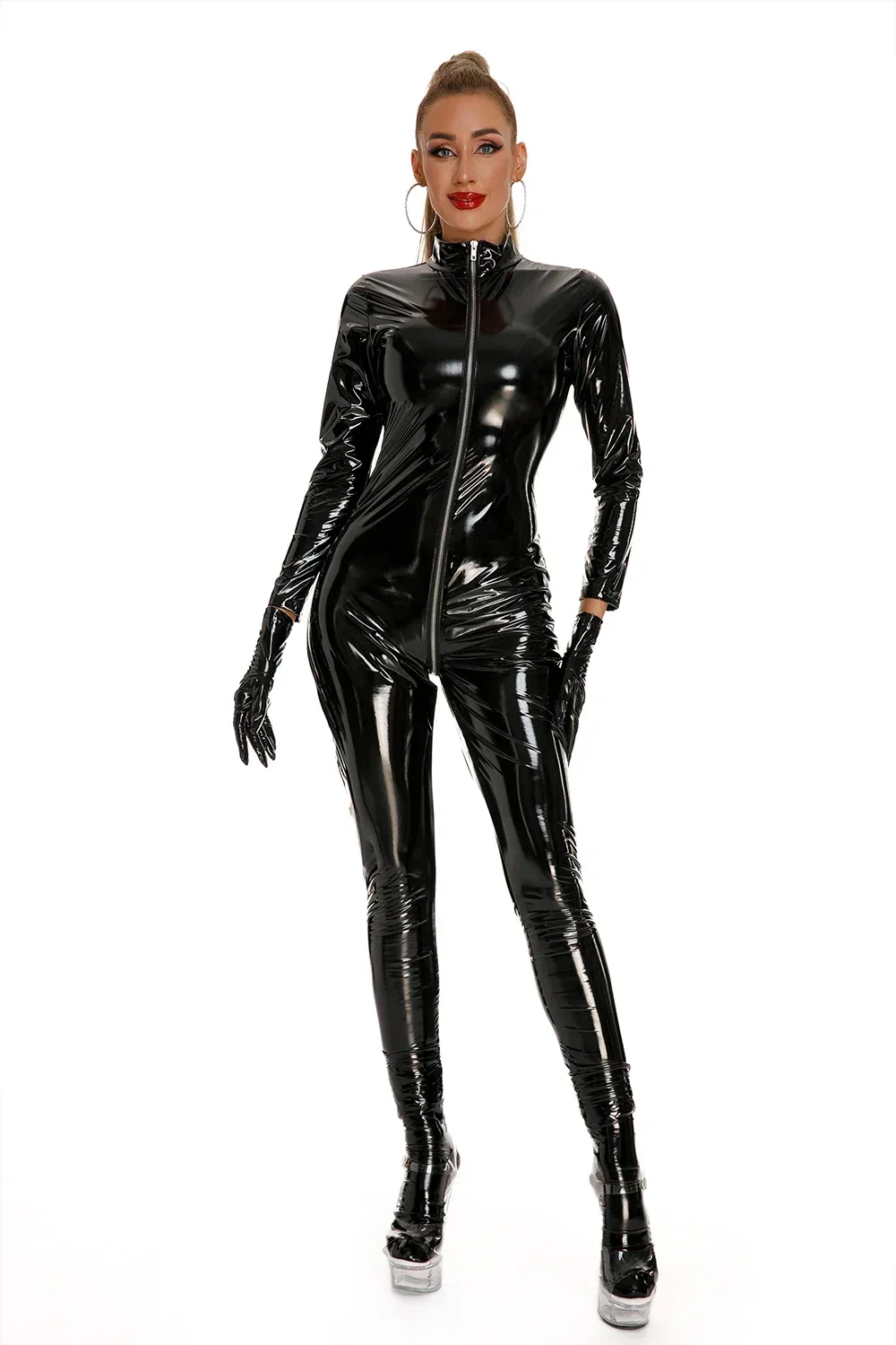 

Women Sexy Front Open Crotch Latex Jumpsuit Zipper Wetlook Faux Leather Catsuit Latex Jumpsuit Glossy Shaping Leather Jumpsuit