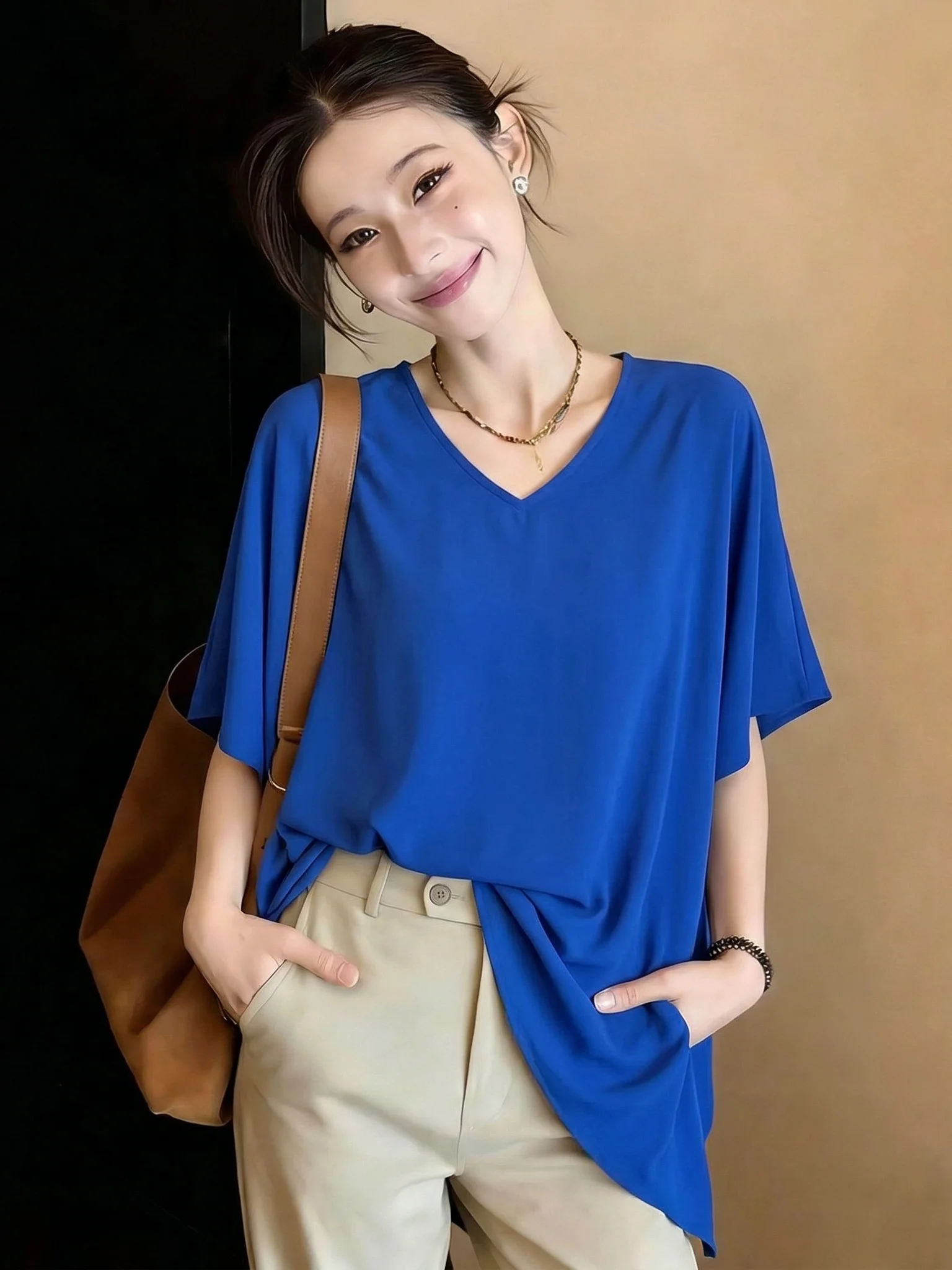 Klein Blue V-Neck Short Sleeve T-Shirt Women's plus Size Mid-Length Street Style Summer New Korean Version Loose Fit Pure Color