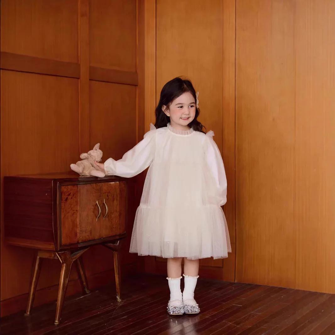 

Dress Sequin Mesh Tulle Puffy Dress Long Sleeves Grils Children Spring New Solid Simple All-matching Princess Sweet Cute